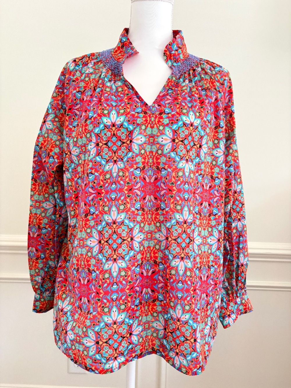 Ann Mashburn Red Cotton Popover Blouse L/S M Puff Sleeve Floral Smock Collar